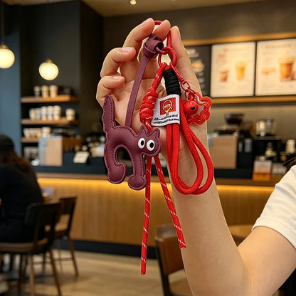 Cat Leather Keychain Charm – Cute Bag Pendant with Rope Lanyard