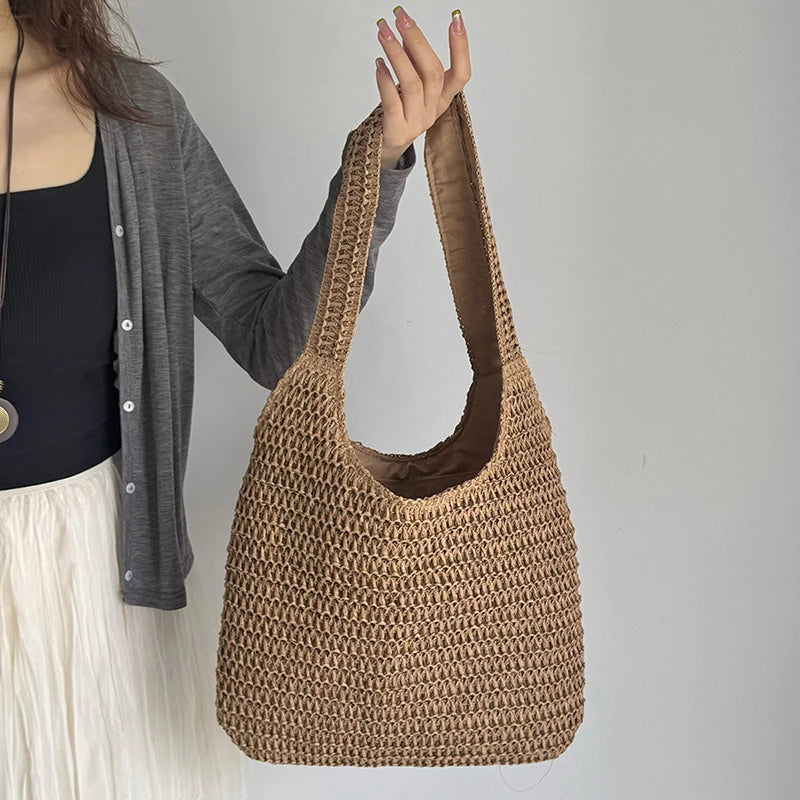 Paper Straw Woven Hobo Bag – Large Capacity Shoulder Tote for Women