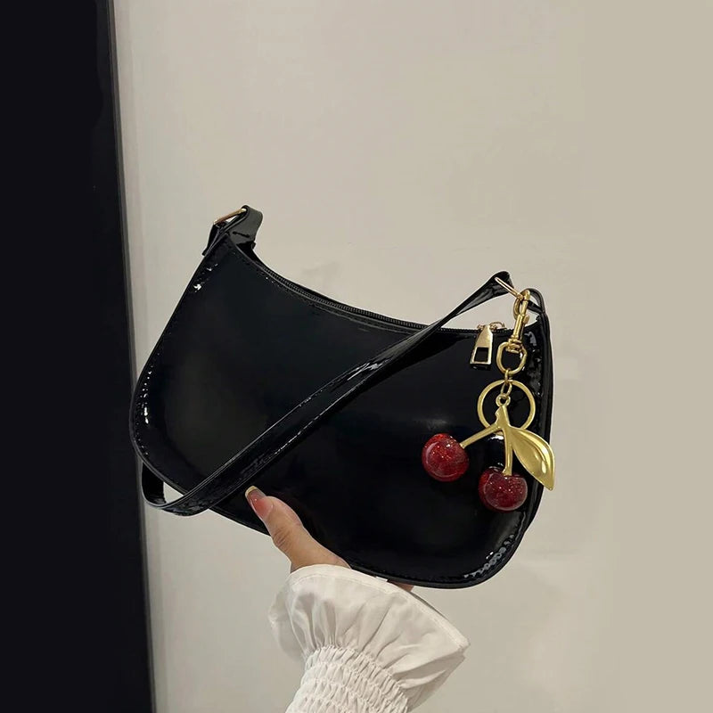 PU Leather Shoulder Bag with Cherry Pendant for Women