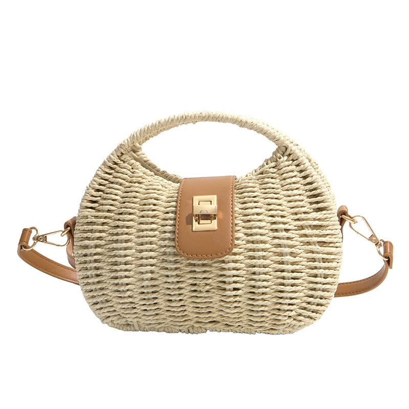 Rattan Woven Half Moon Crossbody Bag – Women's Straw Shoulder Bag