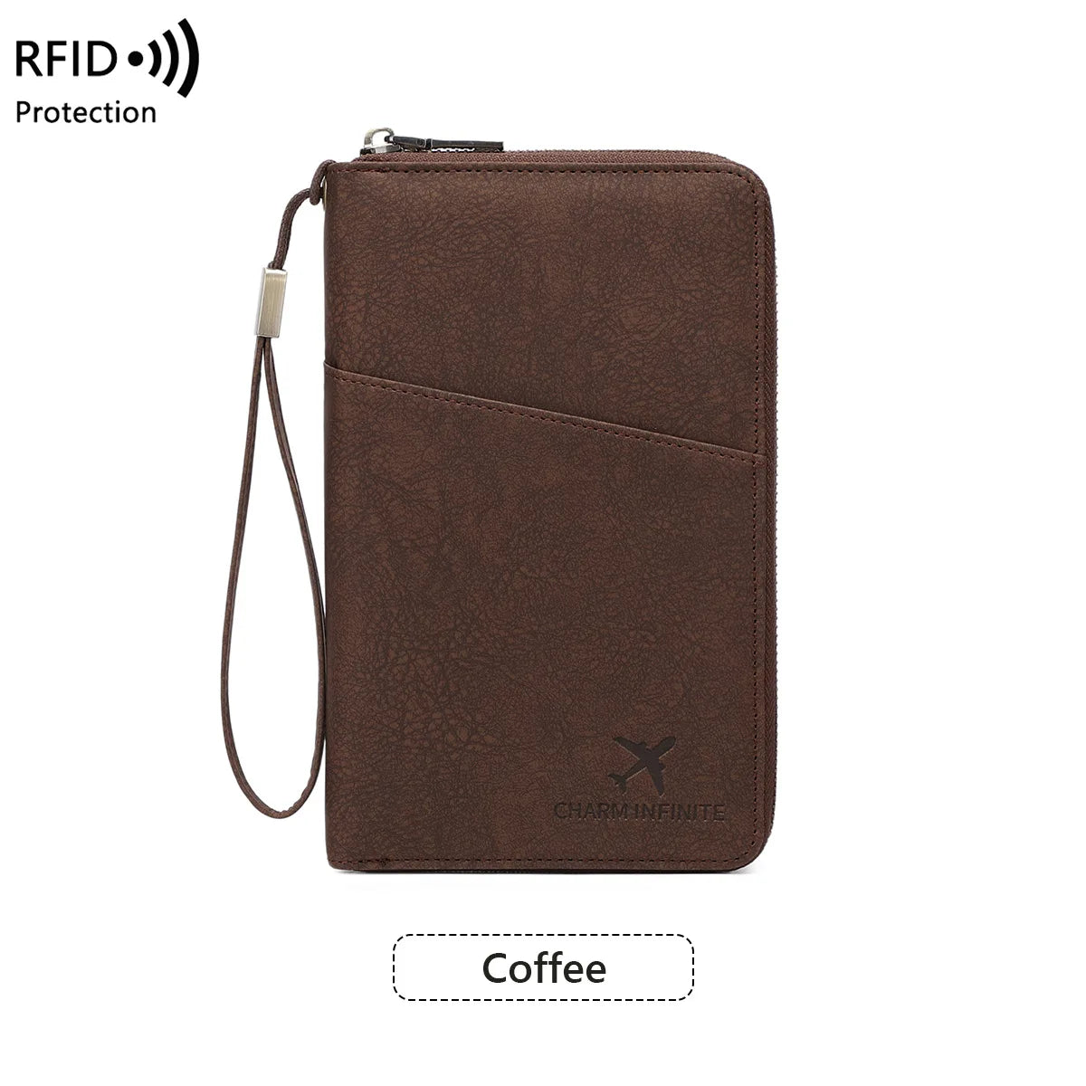 RFID Blocking Passport Wallet Travel Document Organizer with Zipper & Wrist Strap