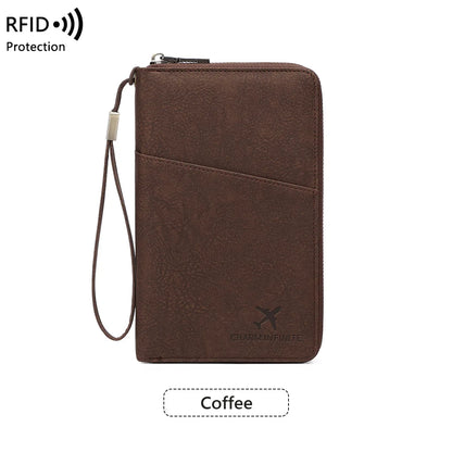 RFID Blocking Passport Wallet Travel Document Organizer with Zipper & Wrist Strap
