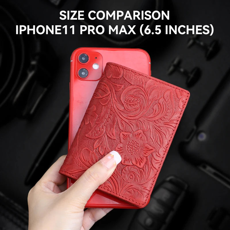 Handmade Floral Embossed Leather Card Wallet & Coin Pouch