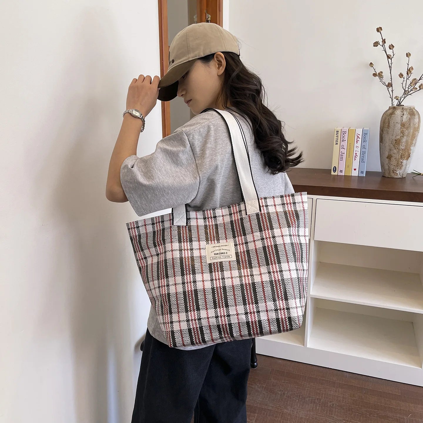 Color Block Plaid Weave Tote Bag Large Capacity Durable Shoulder Multifunctional Woven Mom