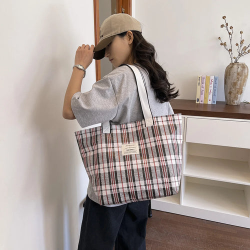 Color Block Plaid Weave Tote Bag Large Capacity Durable Shoulder Multifunctional Woven Mom