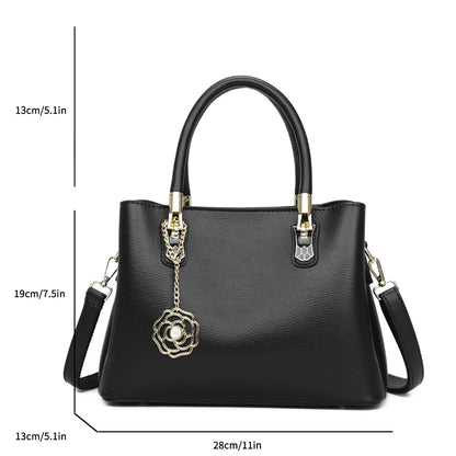 Women's Leather Tote Bag with Gold Hardware & Flower Pendant