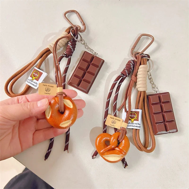 Cute Food Keychain – Pretzel & Chocolate Braided Rope Pendant