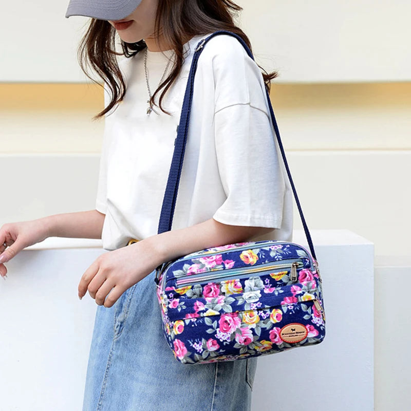 Floral Canvas Crossbody Bag for Women – Rose Print Shoulder Bag