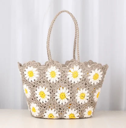 Handmade Crochet Flower Tote Bag for Women
