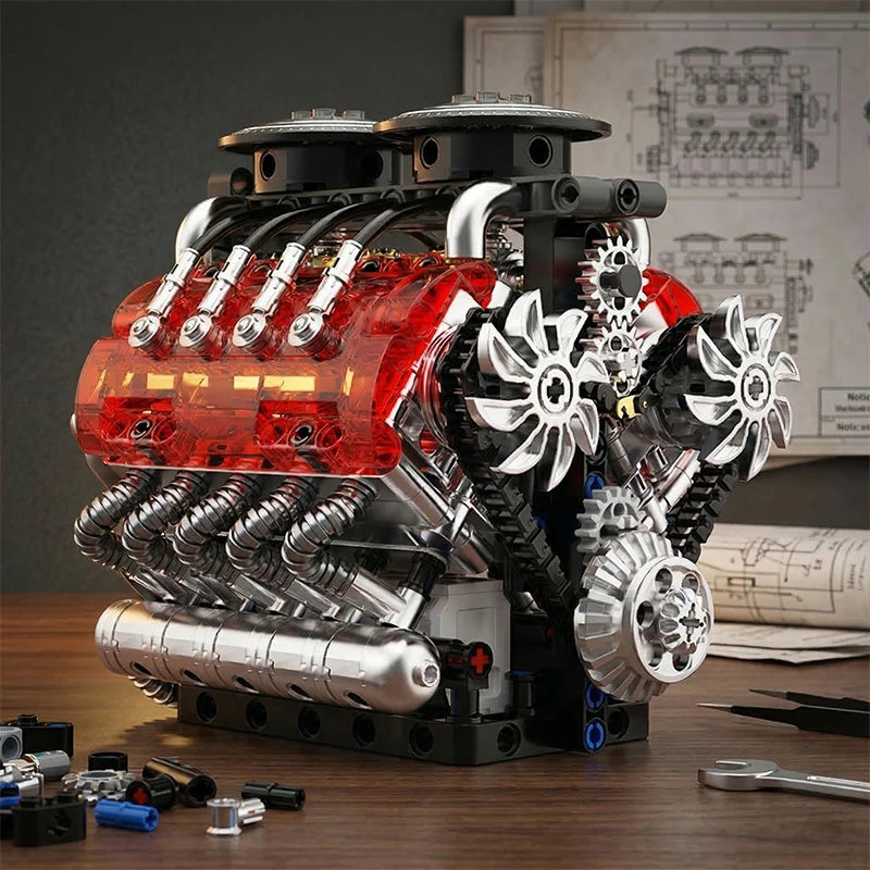 Twin-Turbo V8 Engine Building Blocks Kit – Motorized Technical Set