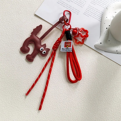 Cat Leather Keychain Charm – Cute Bag Pendant with Rope Lanyard