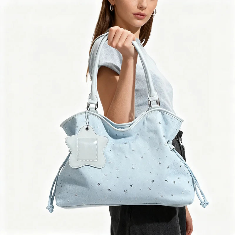 Women's Denim Star Print Hobo Shoulder Bag