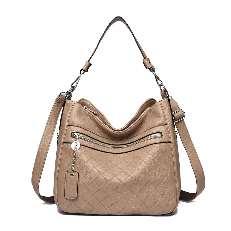 Large Leather Hobo Handbag with Quilted Detail & Shoulder Strap