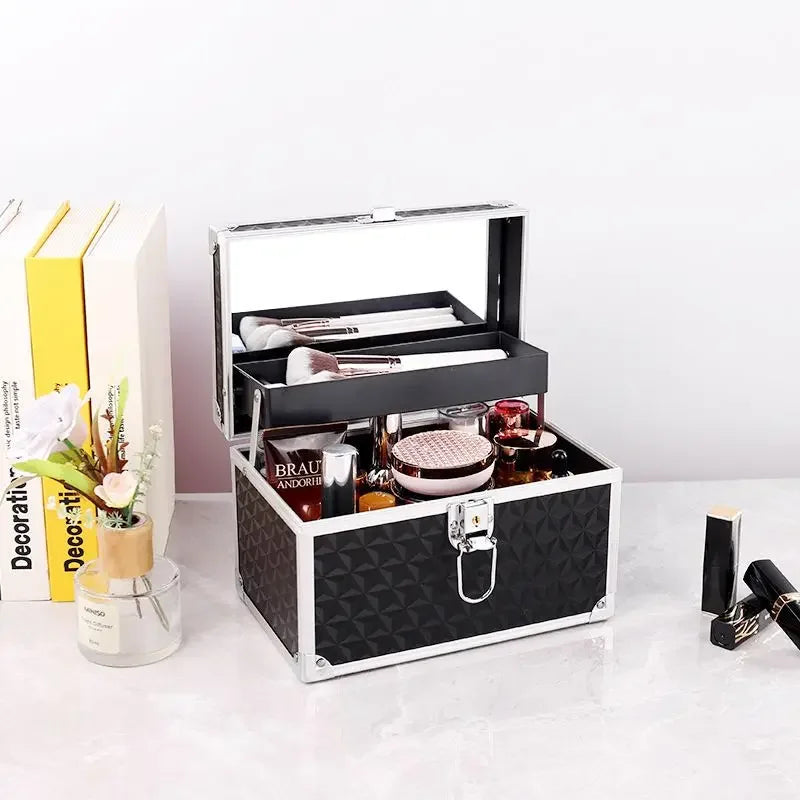 Professional Makeup Case with Mirror – Aluminum Alloy Cosmetic Organizer