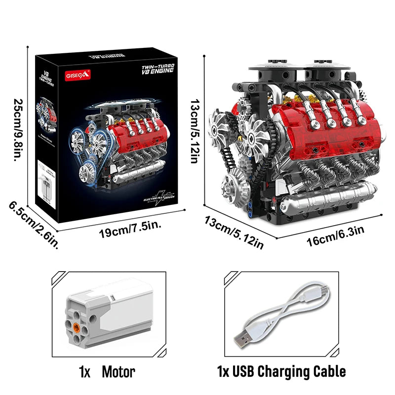 MOC Twin Turbo V8 Engine Building Blocks – Motorized Technical Set