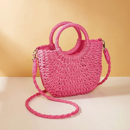 Moon-Shaped Straw Handbag – Handmade Women Beach & Crossbody Bag