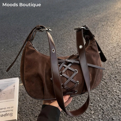 Moods Women Crescent Underarm Shoulder Bags Lacing Design Pu Suede Armpit Hobo Bag Winter Latest