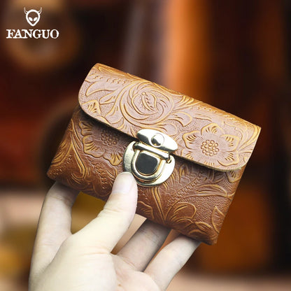 Genuine Leather Card Holder Wallet with Floral Embossing & Twist Lock