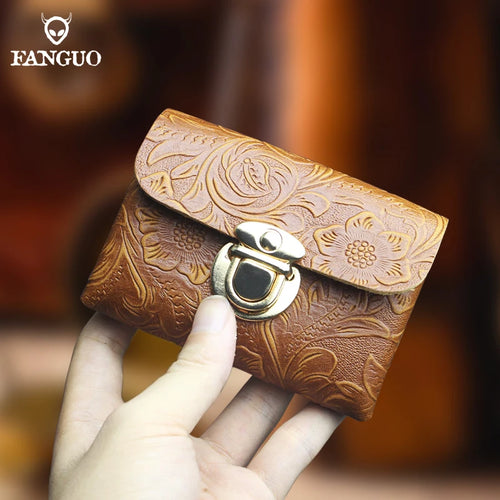 Genuine Leather Card Holder Wallet with Floral Embossing & Twist Lock