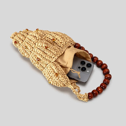 Creative Diamonds Conch Design Straw Bag Handmade Woven Women Handbags Wooden Beading Strap Shoulder