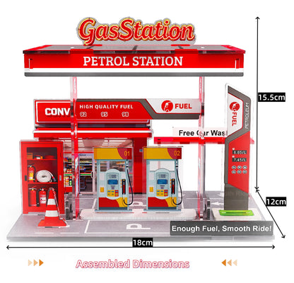 1:64 Gas Station Diorama Set with 2 Alloy Die-Cast Cars