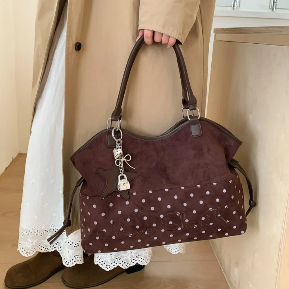 Vintage Polka Dot Tote Bag with Charm – Large Capacity