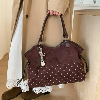 Vintage Polka Dot Tote Bag with Charm – Large Capacity