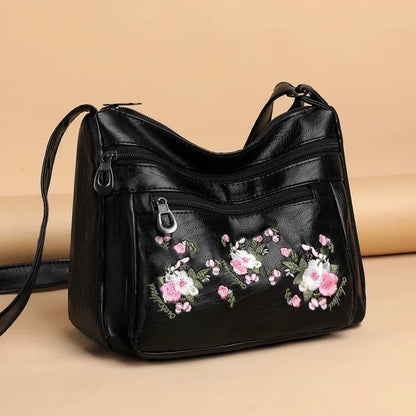 Flower Embroidery Crossbody Bag for Women – Luxury Multi-Pocket PU Leather Handbag