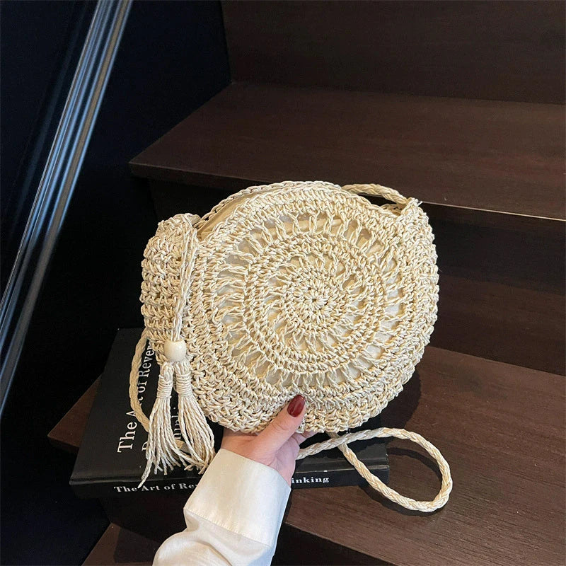 Round Straw Crossbody Bag – Boho Tassel Beach Bag