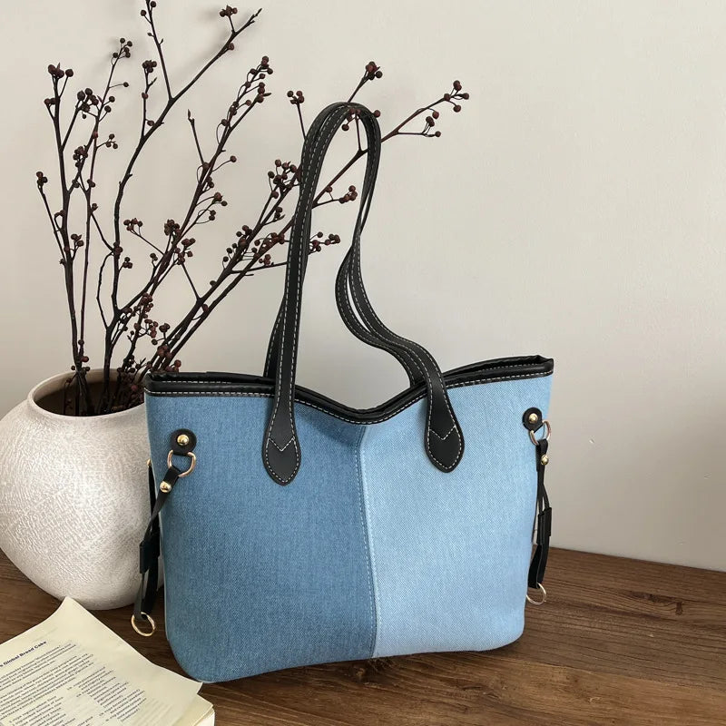 Large Capacity Denim Tote Bag for Women – Commuter Shoulder Bag