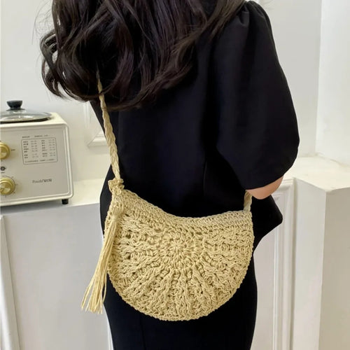 Handmade Straw Woven Crossbody Bag – Boho Semicircle Shoulder Bag