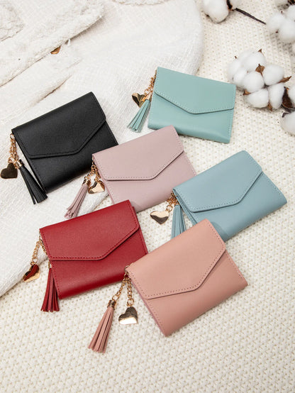 Women's Compact Clutch Wallet with Tassel & Gold Heart Charm