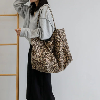 Leopard Print Canvas Tote Bag – Large Shoulder Handbag for Women
