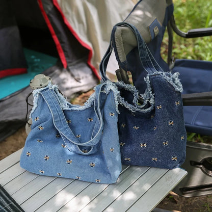 Denim Tote Bag – Frayed Edge Bow Embroidery Shoulder Handbag