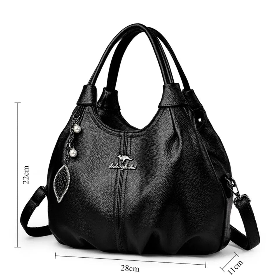 Lychee Leather Hobo Handbag – 3-Layer Shoulder & Crossbody Bag with Leaf Pendant