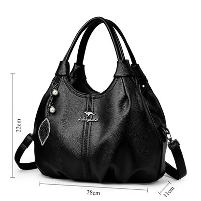 Lychee Leather Hobo Handbag – 3-Layer Shoulder & Crossbody Bag with Leaf Pendant