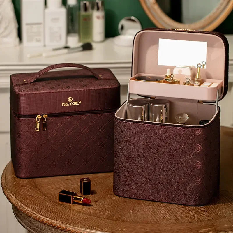 Large Makeup Bag with Mirror – Women's Luxury Cosmetic Organizer Case