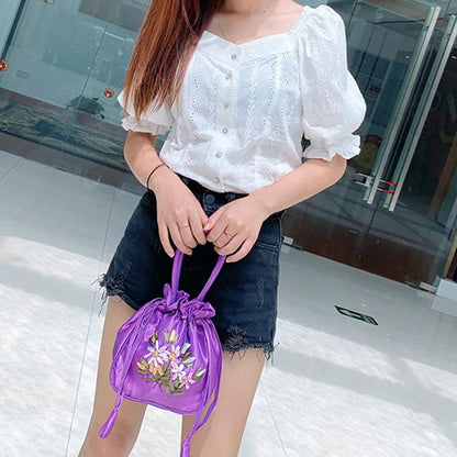 Embroidered Drawstring Handbag – Floral Satin Bucket Bag