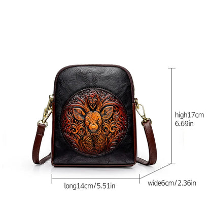 Vintage Deer Head Embossed Leather Crossbody Bag – Mini Multi-Pocket Purse