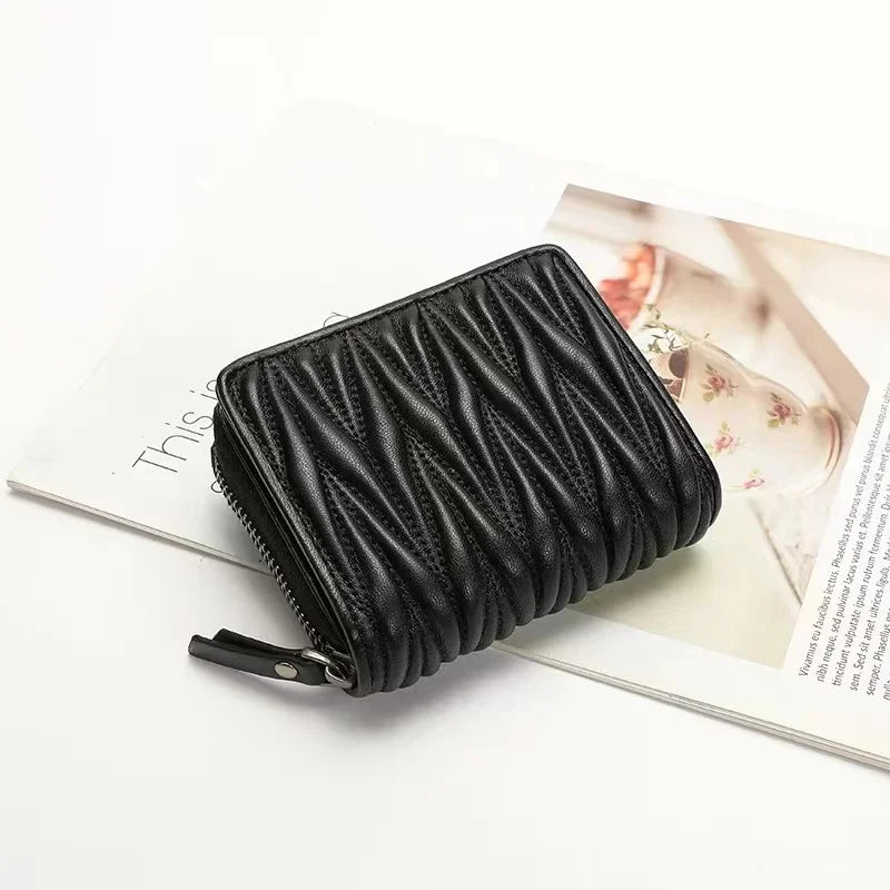 Genuine Lambskin Leather Short Wallet for Women – Quilted Zip Purse