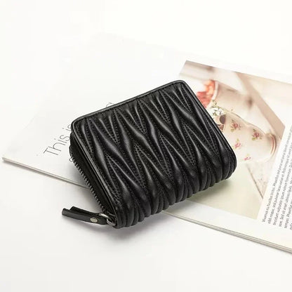 Genuine Lambskin Leather Short Wallet for Women – Quilted Zip Purse