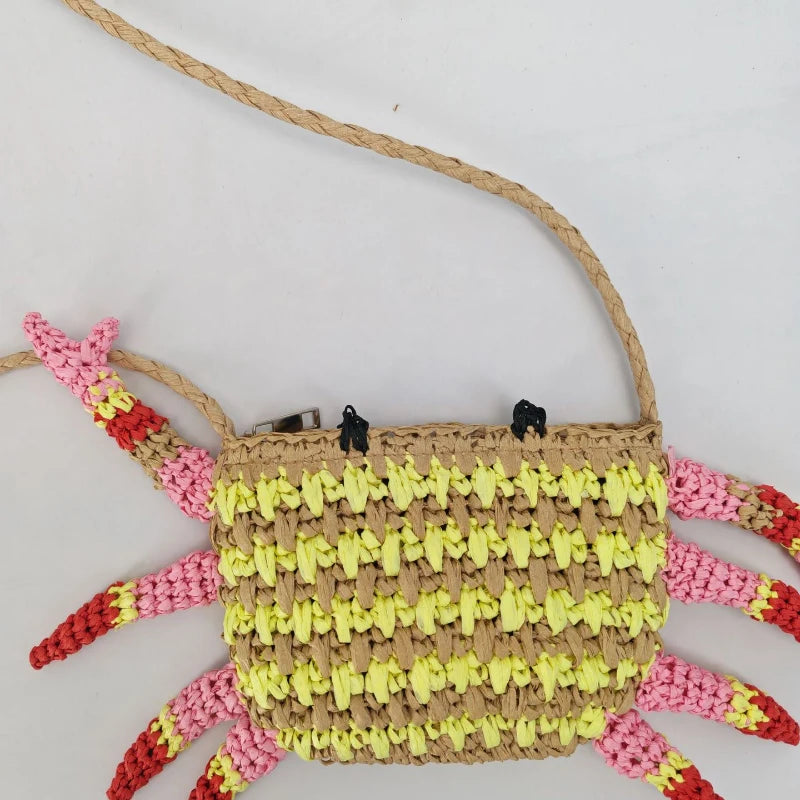 Crab Straw Woven Shoulder Bag – Colorful Handwoven Novelty Bag