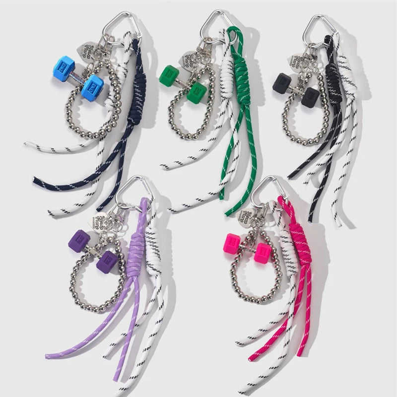 Dumbbell Keychain with Braided Rope & Silver Bead Chain
