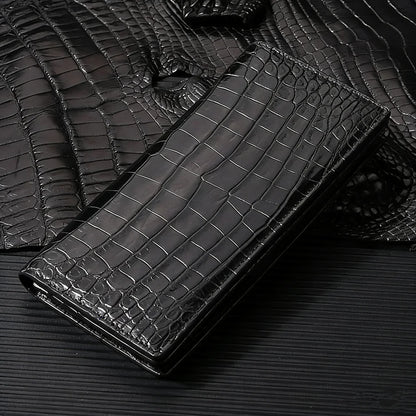 Men's Genuine Crocodile Leather Long Bifold Wallet