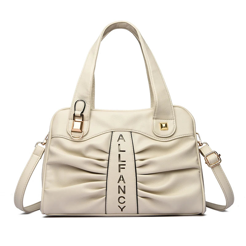 Ruched Vegan Leather Handbag with Top Handle & Crossbody Strap