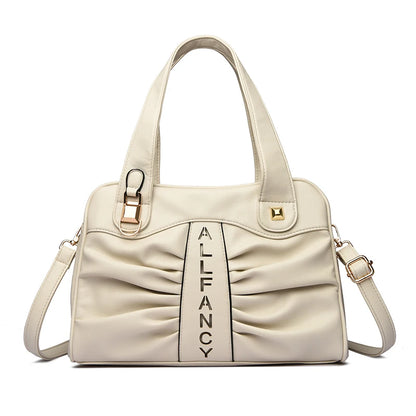 Ruched Vegan Leather Handbag with Top Handle & Crossbody Strap