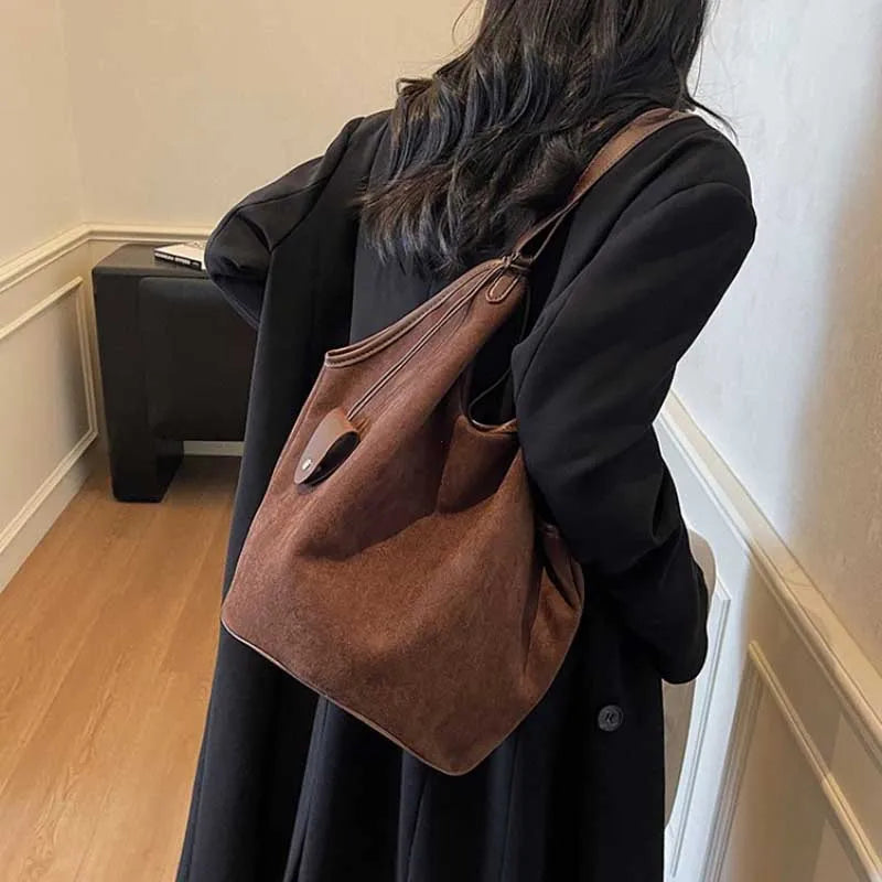 Suede Shoulder Tote Bag – Retro Large Capacity Women's Handbag