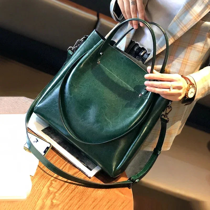 Genuine Leather Tote Bag for Women – Large Capacity Oil Wax Shoulder Bag