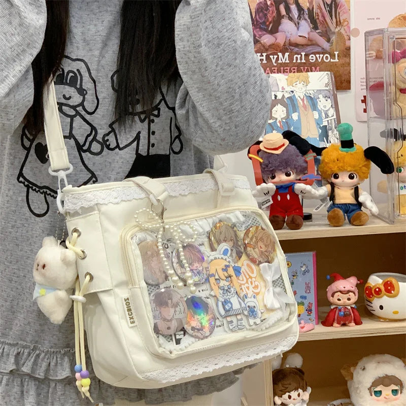 Anime Ribbon Shoulder Bag Large Capacity Cute Soft Girl Tote Handle Comfortable Versatile Texture