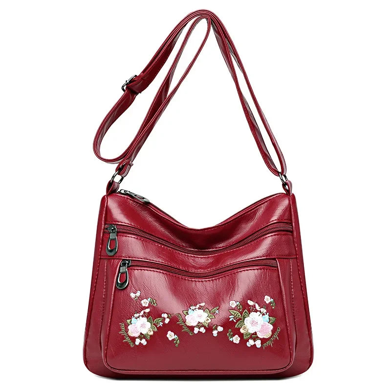 Flower Embroidery Crossbody Bag for Women – Luxury Multi-Pocket PU Leather Handbag